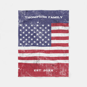 Vintage USA Flag American Red White Blue Family Fleece Blanket