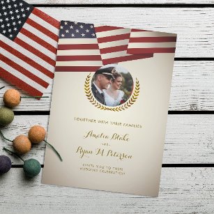 Vintage USA Flag   Gold Laurel Leaf   Wedding Invitation