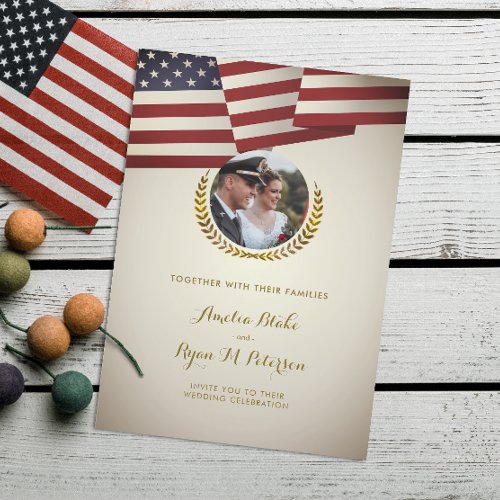 Vintage USA Flag  Gold Laurel Leaf  Wedding Invitation