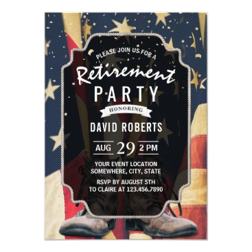 Vintage USA Flag Old Work Boots Retirement Party Invitation Vintage USA Flag Old Work Boots Retirement Party Invitation