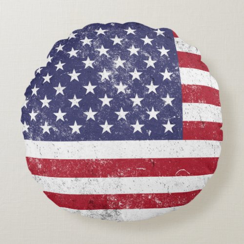Vintage USA Flag Patriotic American Red White Blue Round Pillow