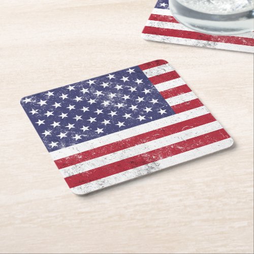 Vintage USA Flag Patriotic American Red White Blue Square Paper Coaster