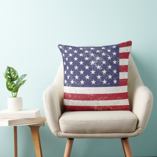 Vintage USA Flag Patriotic American Red White Blue Throw Pillow