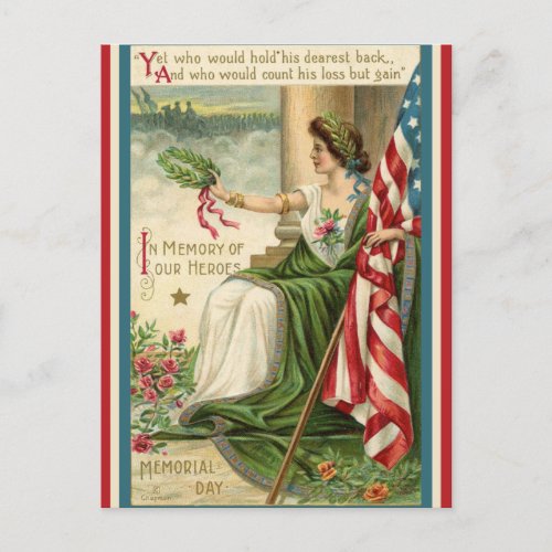 Vintage USA Patriotic Lady Liberty Memorial Day Holiday Postcard
