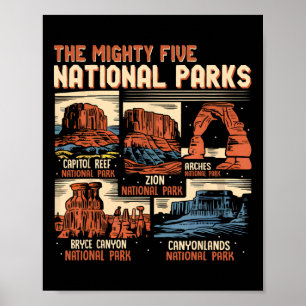 Vintage Utah Mighty Five 5 National Parks Hiking C Poster
