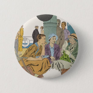 Vintage Vacation, Passengers Cruise Ship on Deck Pinback Button