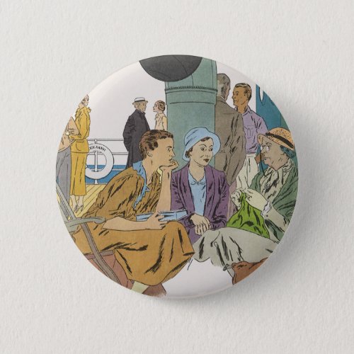 Vintage Vacation Passengers Cruise Ship on Deck Pinback Button