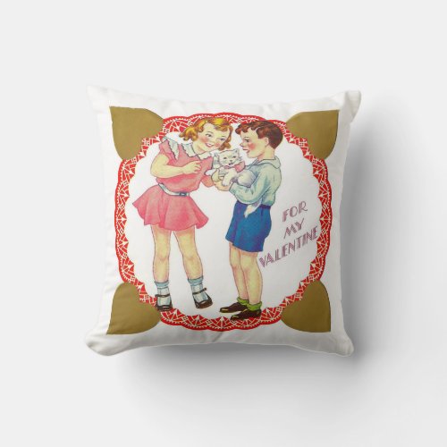 Vintage Valentine 1940s Little Boy and Girl Throw Pillow