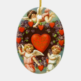 Vintage Valentine 3 Cupids And Red Hearts Ceramic Ornament