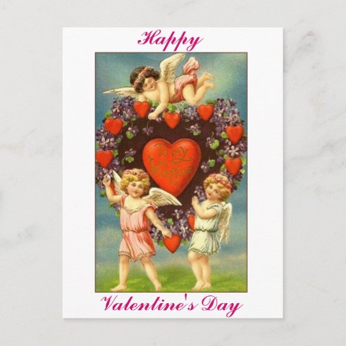 Vintage Valentine 3 Cupids And Red hearts Holiday Postcard