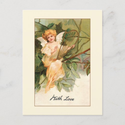 Vintage Valentine Angel with Golden Harp Postcard