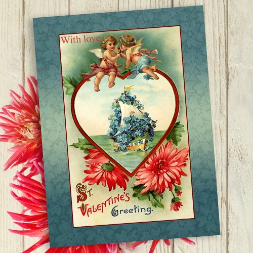 Vintage Valentine Angels and Forget_Me_Nots Holiday Postcard