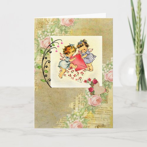 Vintage Valentine Angels and Hearts Collage Holiday Card