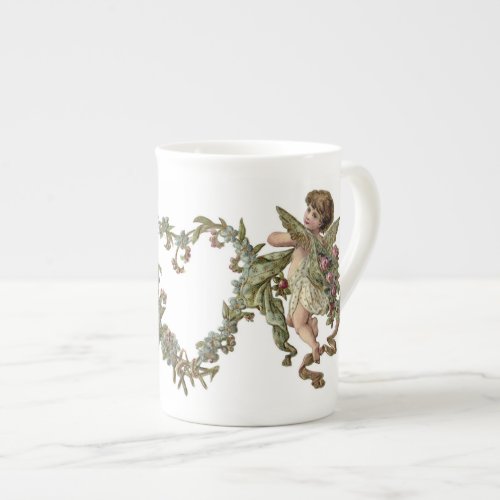 Vintage Valentine Angels with Double Hearts Bone China Mug