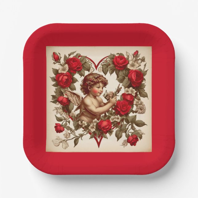 Vintage Valentine art love cupid Paper Plates (Front)