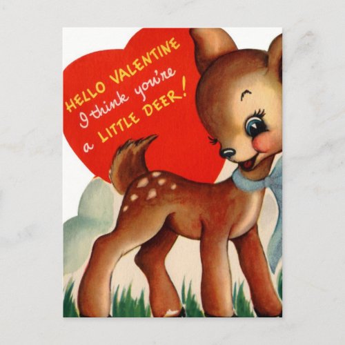 Vintage Valentine Baby Deer Holiday Postcard