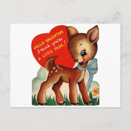 Vintage Valentine Baby Deer Holiday Postcard
