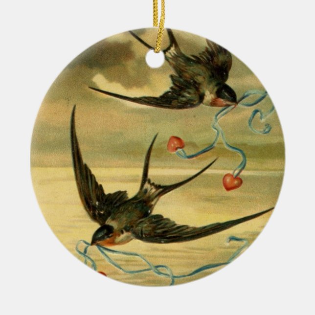 Vintage Valentine Barn Swallows Ceramic Ornament (Front)