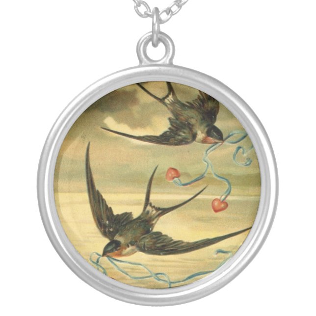 Vintage Valentine Barn Swallows Silver Plated Necklace (Front)