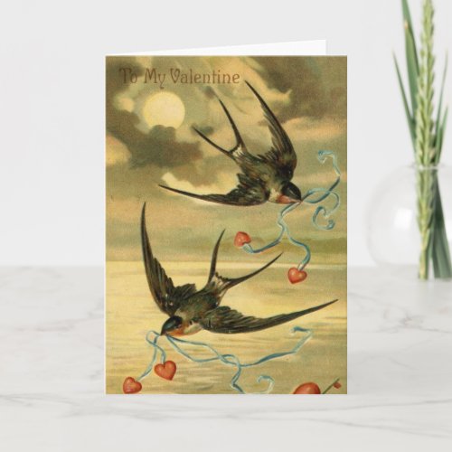 Vintage Valentine Barn Swallows With Hearts Holiday Card