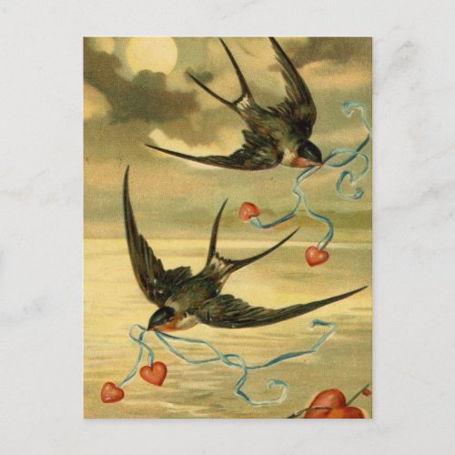 Vintage Valentine Barn Swallows With Hearts Holiday Postcard