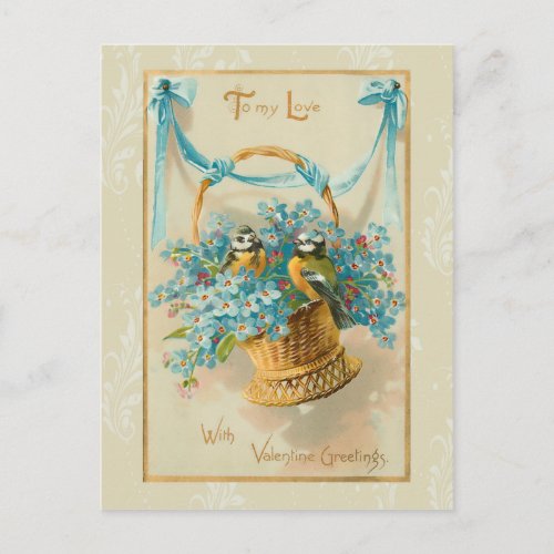 Vintage Valentine Birds and Forget Me Nots Holiday Postcard