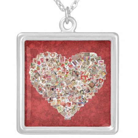 Vintage Valentine Card Heart Collage On Red Silver Plated Necklace