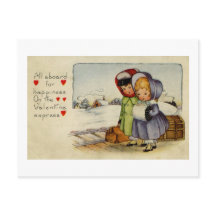 Vintage Valentine Card Two Girls waiting for train