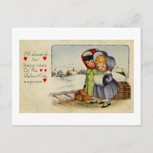 Vintage Valentine Card Two Girls waiting for train
