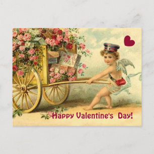 Vintage Valentine Cherub Wagon of Gifts and Roses Holiday Postcard