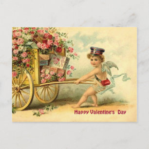 Vintage Valentine Cherub & Wagon of Gifts & Roses Holiday Postcard