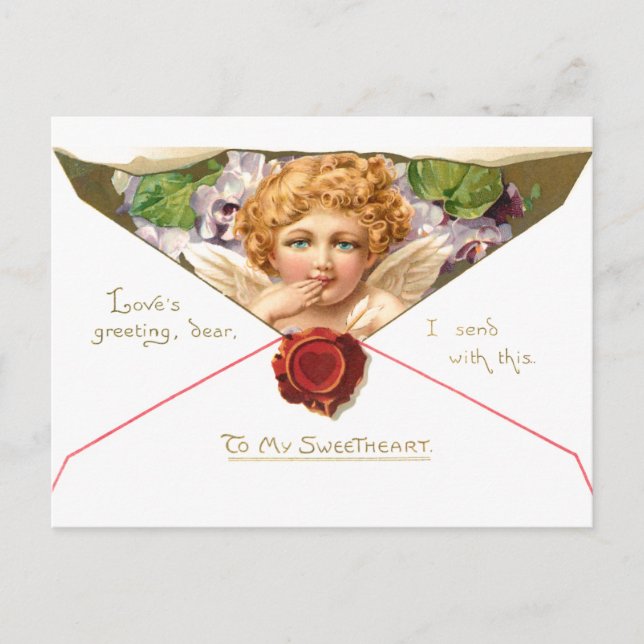 Vintage Valentine Cherub with Purple Flowers Postcard (Front)