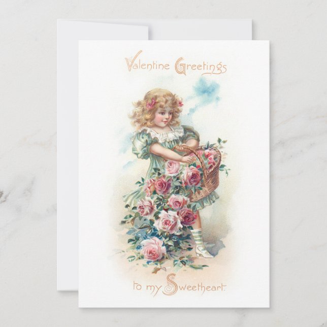 Vintage Valentine Child with Pink Roses Holiday Card (Front)