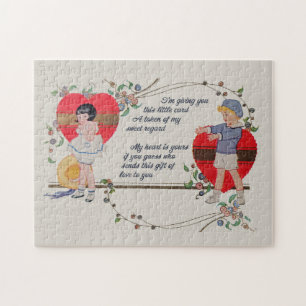 Vintage Valentine Children Cute Colorful Art Deco Jigsaw Puzzle