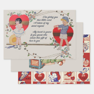 Vintage Valentine Children Cute Colorful Art Deco Wrapping Paper Sheets