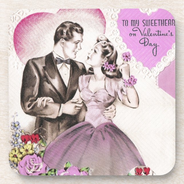 Vintage Valentine Couple Drink Coaster (Front)