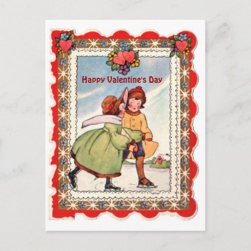 Vintage Valentine _ Couple Ice Skating  Hearts Holiday Postcard