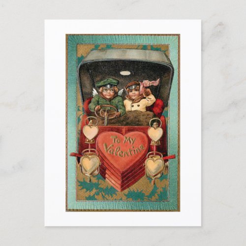 Vintage Valentine Couple in Car with Hearts Postcard