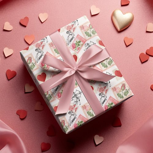 Vintage Valentine Cupid and Stamps Wrapping Paper