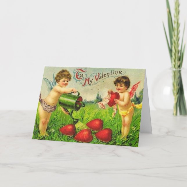Vintage Valentine Cupid Gardeners Holiday Card (Front)