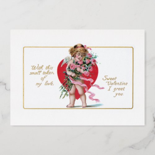 Vintage Valentine Cupid with Heart  Roses Foil Holiday Card