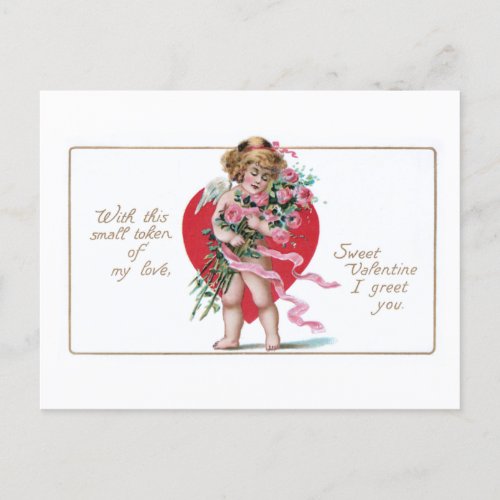 Vintage Valentine Cupid with Heart  Roses Postcard