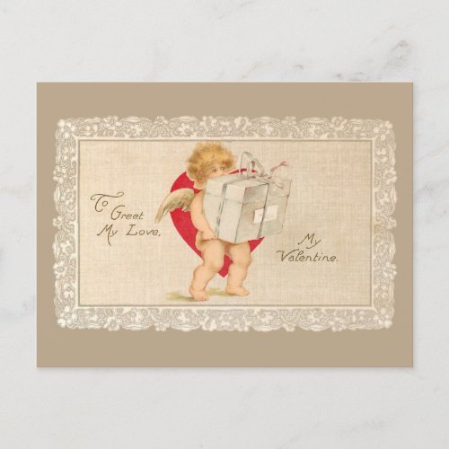 Vintage Valentine Cupid with Package and Red Heart Postcard