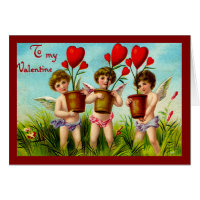 Vintage Valentine Cupids Holding Red Heart Plants Greeting Card