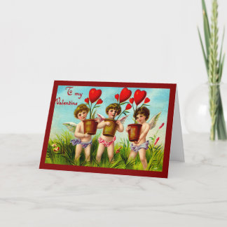 Vintage Valentine Cupids Holding Red Heart Plants Holiday Card