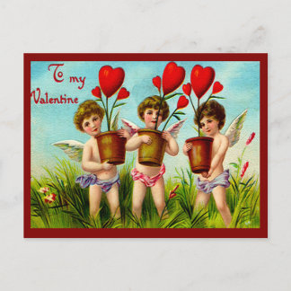 Vintage Valentine Cupids Holding Red Heart Plants Holiday Postcard