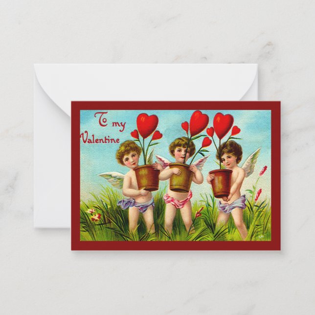 Vintage Valentine Cupids Holding Red Heart Plants Note Card (Front)