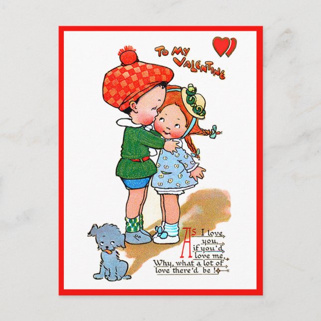 Vintage Valentine Cute Girl & Boy With Dog Postcard (Front)
