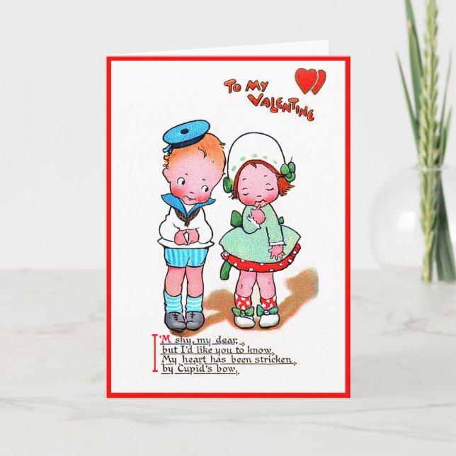 Vintage Valentine Cute Girl & Boy With Heart Card (Front)