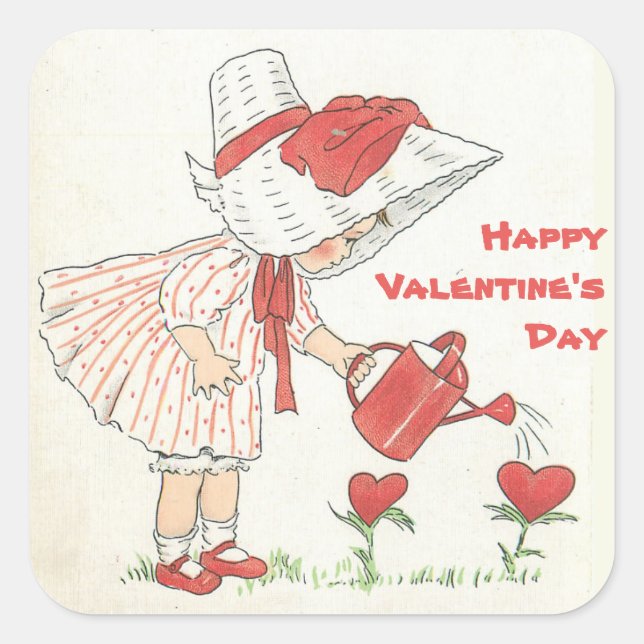 Vintage Valentine Cute Girl Waters Red Hearts Square Sticker (Front)